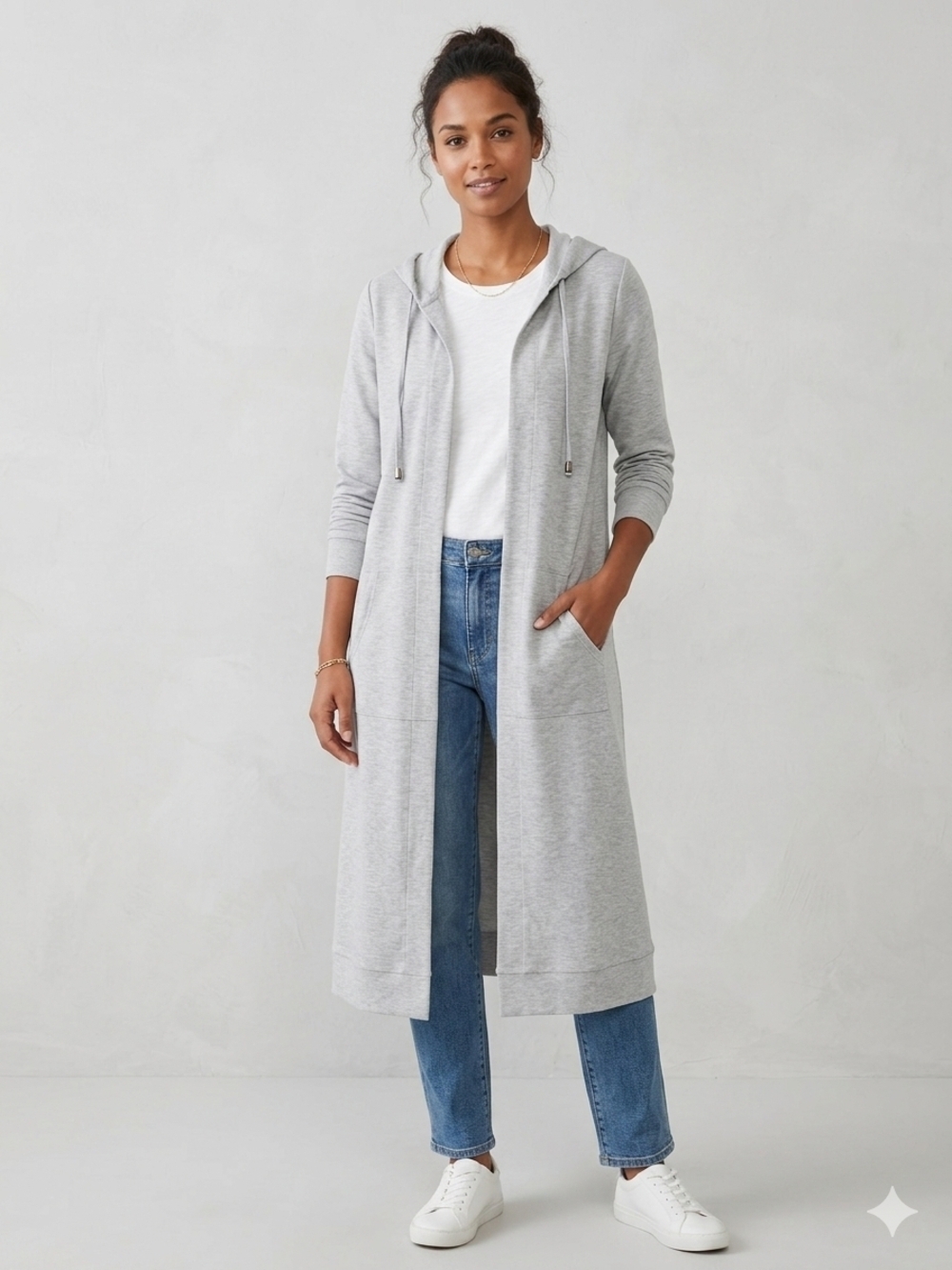 Cyrus Light Gray Hooded Open-Front Long Cardi Size M